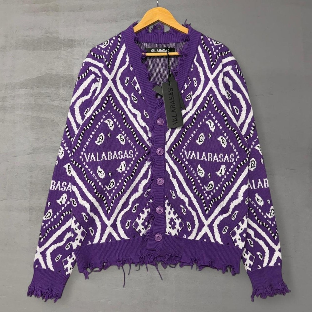 NEW Valabasas The Pledge Cardigan Purple Paisley Distressed Knit Sweater Medium
